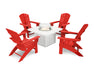 POLYWOOD Nautical Curveback Adirondack 5-Piece Conversation Set with Fire Table in Sunset Red / White