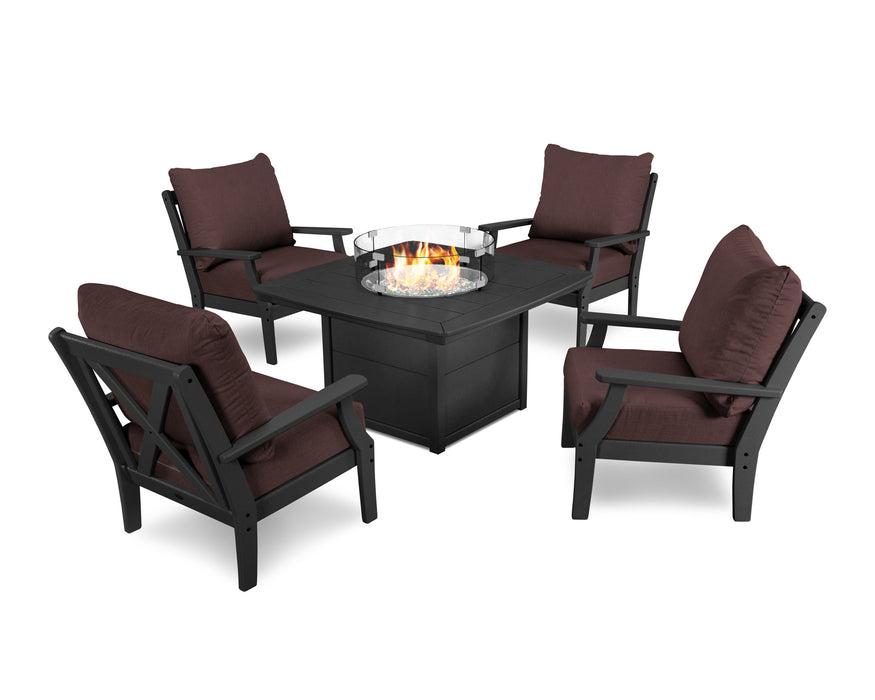 POLYWOOD Braxton 5-Piece Deep Seating Conversation Set with Fire Pit Table in