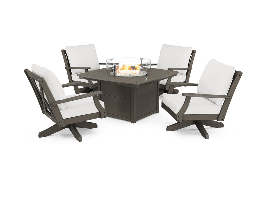 POLYWOOD Braxton 5-Piece Deep Seating Swivel Conversation Set with Fire Pit Table in Vintage Coffee with Natural Linen fabric
