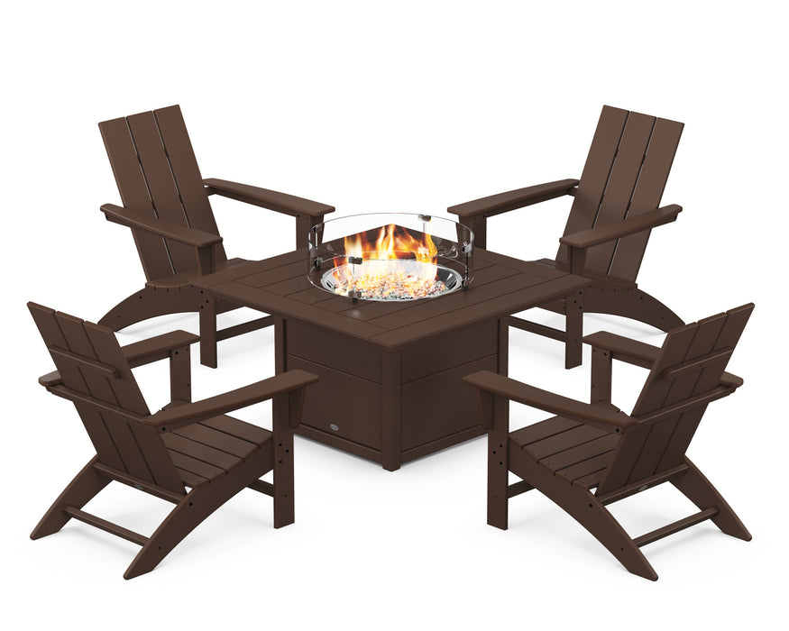 POLYWOOD Modern 5-Piece Adirondack Chair Conversation Set with Fire Pit Table in Mahogany