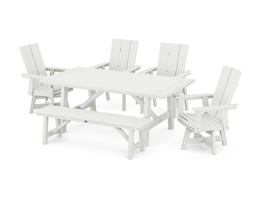 POLYWOOD Modern Curveback Adirondack 6-Piece Rustic Farmhouse Swivel Dining Set with Bench in Vintage White