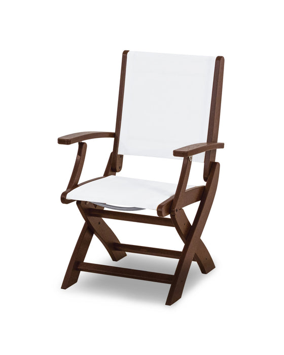 POLYWOOD Coastal Folding Chair in Mahogany with White fabric