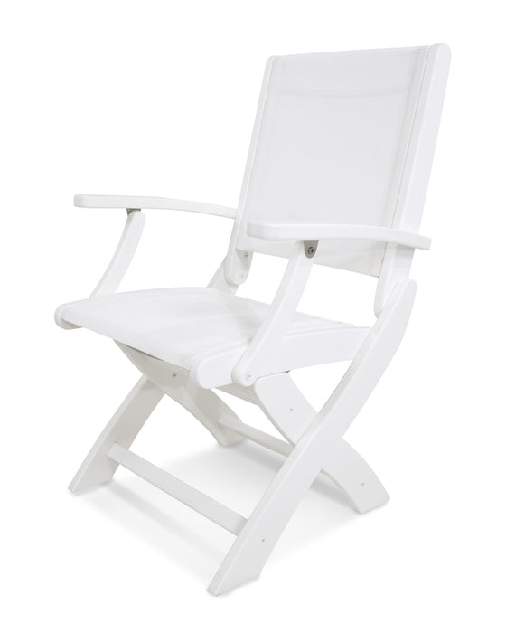 POLYWOOD Coastal Folding Chair in White with White fabric