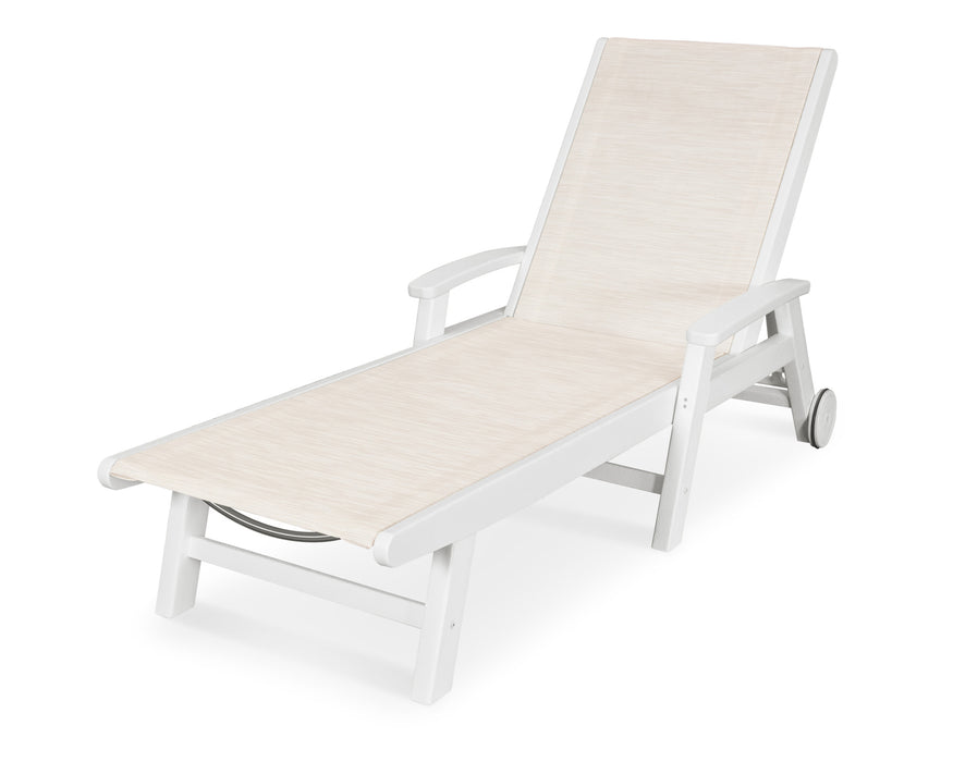 POLYWOOD Coastal Chaise with Wheels in Vintage White with Parchment fabric