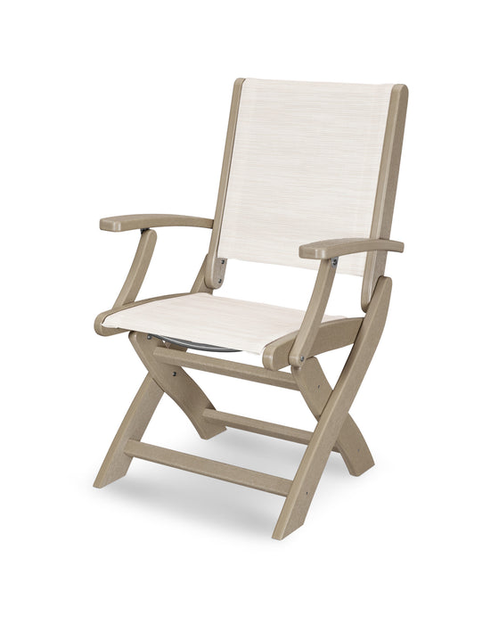 POLYWOOD Coastal Folding Chair in Vintage Sahara with Parchment fabric