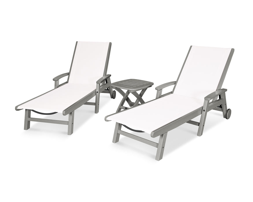 POLYWOOD Coastal 3-Piece Wheeled Chaise Set in Slate Grey with White fabric