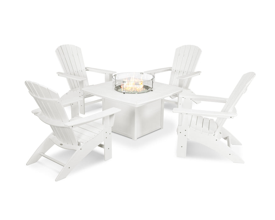 POLYWOOD Nautical Curveback Adirondack 5-Piece Conversation Set with Fire Table in Vintage White