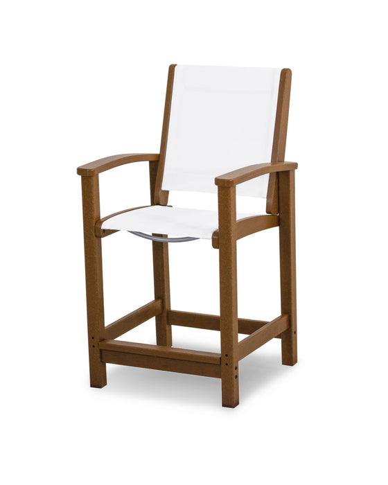 POLYWOOD Coastal Counter Chair in Teak with White fabric