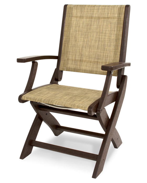 POLYWOOD Coastal Folding Chair in Mahogany with Burlap fabric