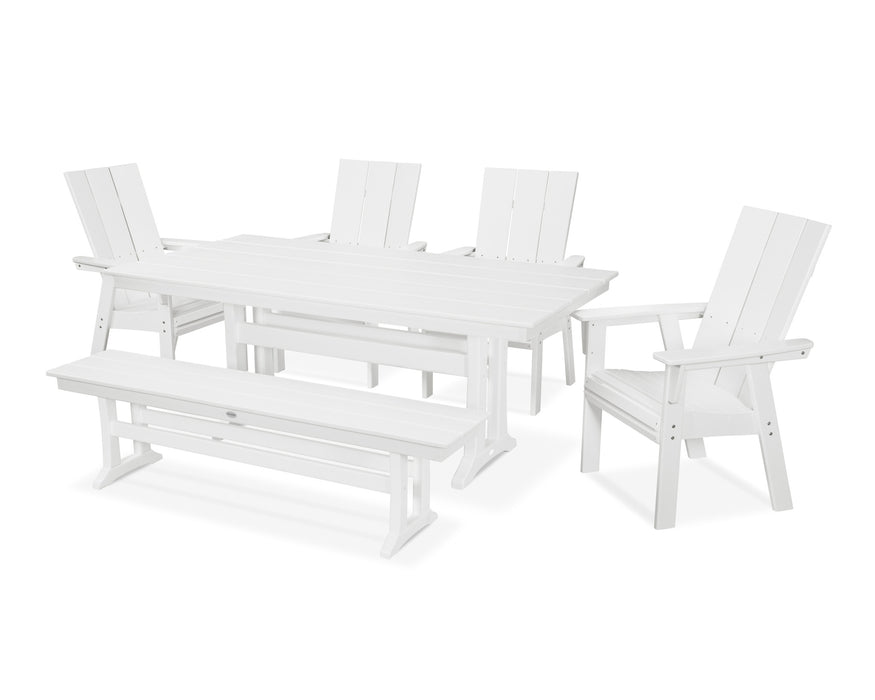 POLYWOOD Modern Adirondack 6-Piece Farmhouse Trestle Dining Set with Bench in White