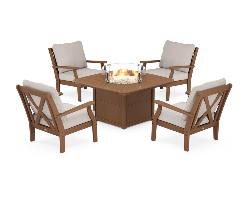 POLYWOOD Braxton 5-Piece Deep Seating Conversation Set with Fire Pit Table in Slate Grey with Natural Linen fabric