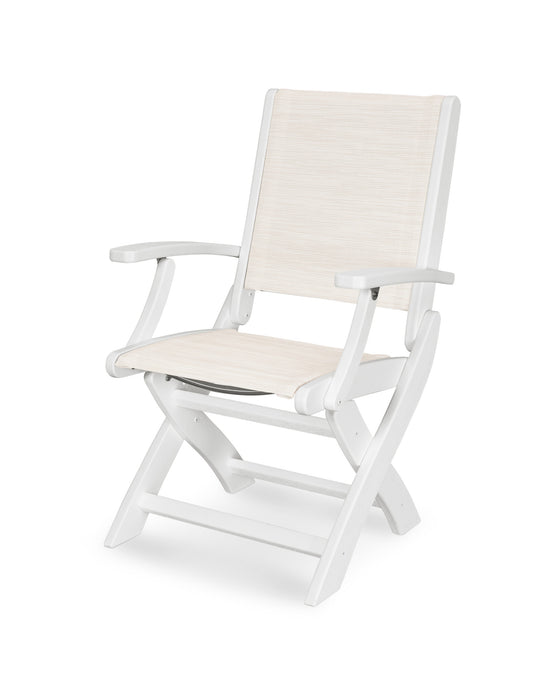 POLYWOOD Coastal Folding Chair in Vintage White with Parchment fabric