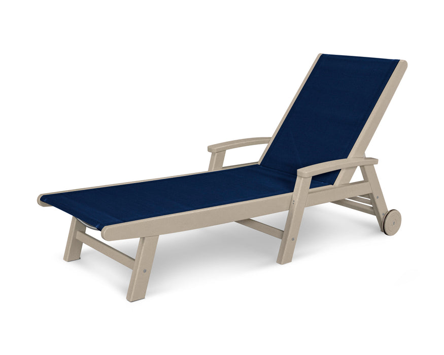 POLYWOOD Coastal Chaise with Wheels in Sand with Navy 2 fabric