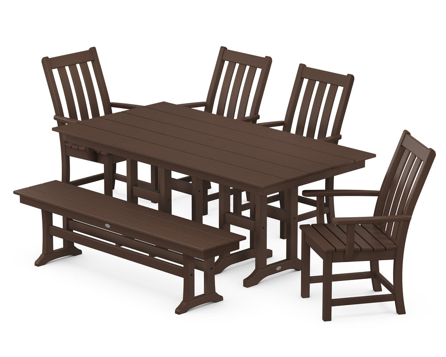 POLYWOOD Vineyard 6-Piece Farmhouse Trestle Arm Chair Dining Set with Bench in Mahogany
