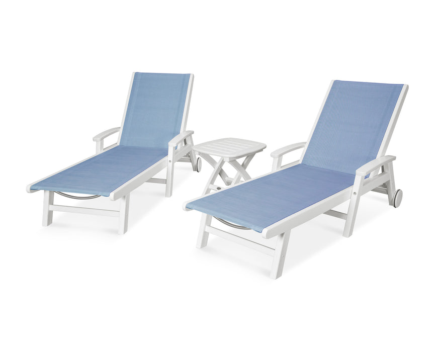 POLYWOOD Coastal 3-Piece Wheeled Chaise Set in White with Poolside fabric