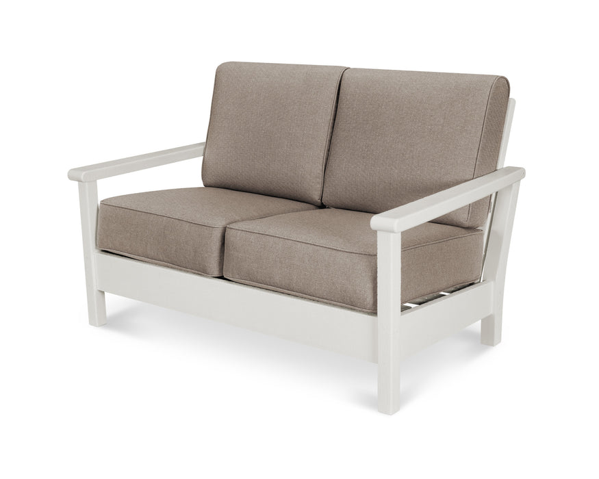 POLYWOOD Harbour Deep Seating Settee in Vintage White with Natural Linen fabric