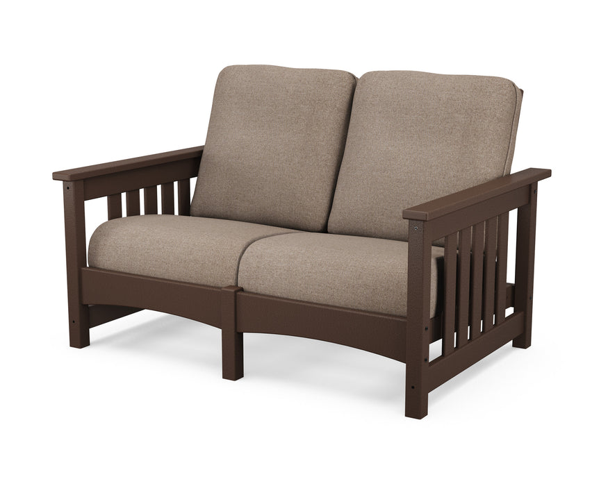 POLYWOOD Mission Settee in Mahogany with Spiced Burlap fabric