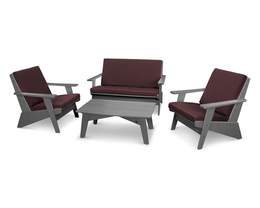POLYWOOD Riviera Modern Lounge 4-Piece Set in Green with Weathered Tweed fabric