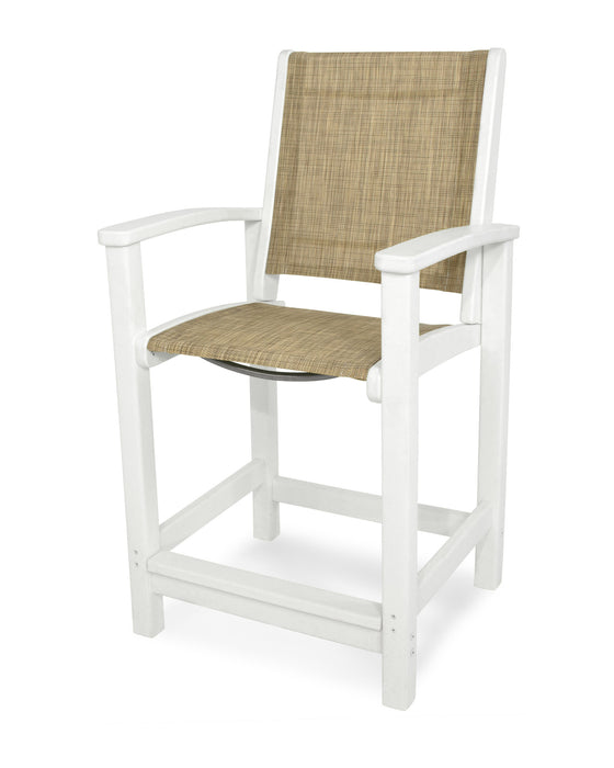 POLYWOOD Coastal Counter Chair in White with Burlap fabric