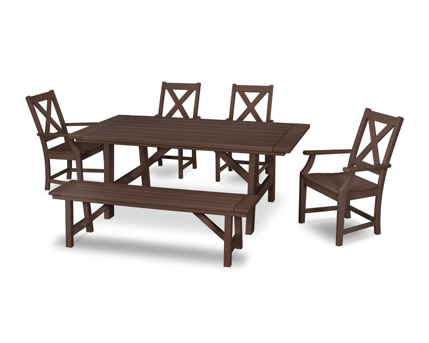 POLYWOOD Braxton 6-Piece Rustic Farmhouse Arm Chair Dining Set with Bench in Mahogany