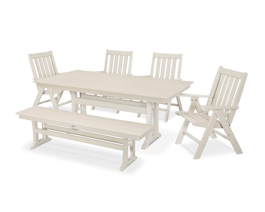 POLYWOOD Vineyard 6-Piece Farmhouse Trestle Folding Dining Set with Bench in Sand