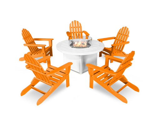 POLYWOOD Classic Folding Adirondack 6-Piece Conversation Set with Fire Pit Table in Tangerine / White