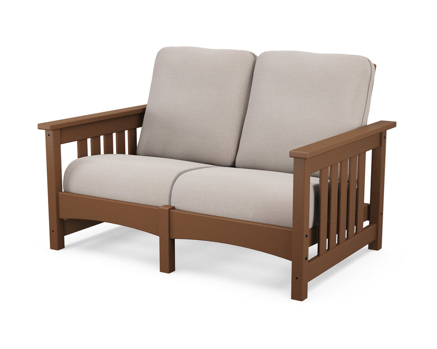 POLYWOOD Mission Settee in Teak with Dune Burlap fabric