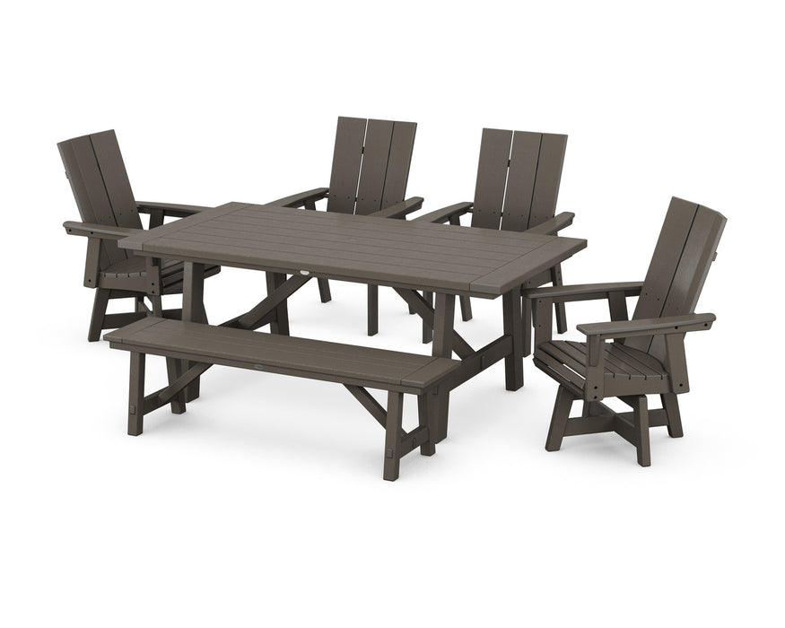 POLYWOOD Modern Curveback Adirondack 6-Piece Rustic Farmhouse Swivel Dining Set with Bench in Vintage Coffee