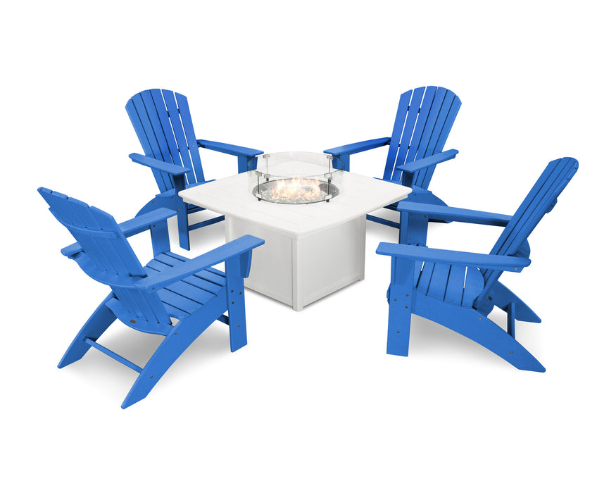 POLYWOOD Nautical Curveback Adirondack 5-Piece Conversation Set with Fire Table in Pacific Blue / White