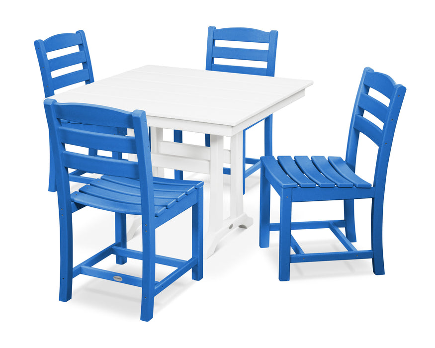 POLYWOOD La Casa Café 5-Piece Farmhouse Trestle Side Chair Dining Set in Pacific Blue / White
