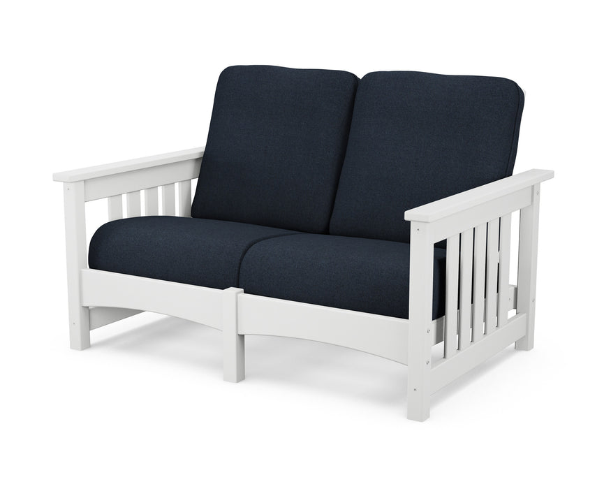 POLYWOOD Mission Settee in White with Marine Indigo fabric