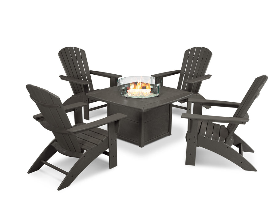 POLYWOOD Nautical Curveback Adirondack 5-Piece Conversation Set with Fire Table in Vintage Coffee