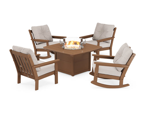 POLYWOOD Vineyard 5-Piece Deep Seating Rocking Chair Conversation Set with Fire Pit Table in Teak with Dune Burlap fabric