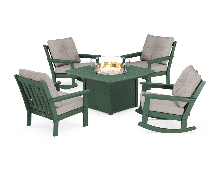 POLYWOOD Vineyard 5-Piece Deep Seating Rocking Chair Conversation Set with Fire Pit Table in Black with Grey Mist fabric