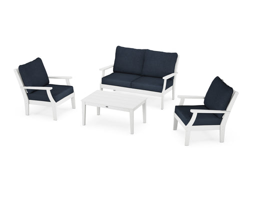 POLYWOOD Braxton 4-Piece Deep Seating Chair Set in White with Marine Indigo fabric