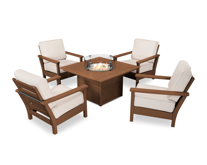 POLYWOOD Harbour 5-Piece Conversation Set with Fire Pit Table in Black with Grey Mist fabric