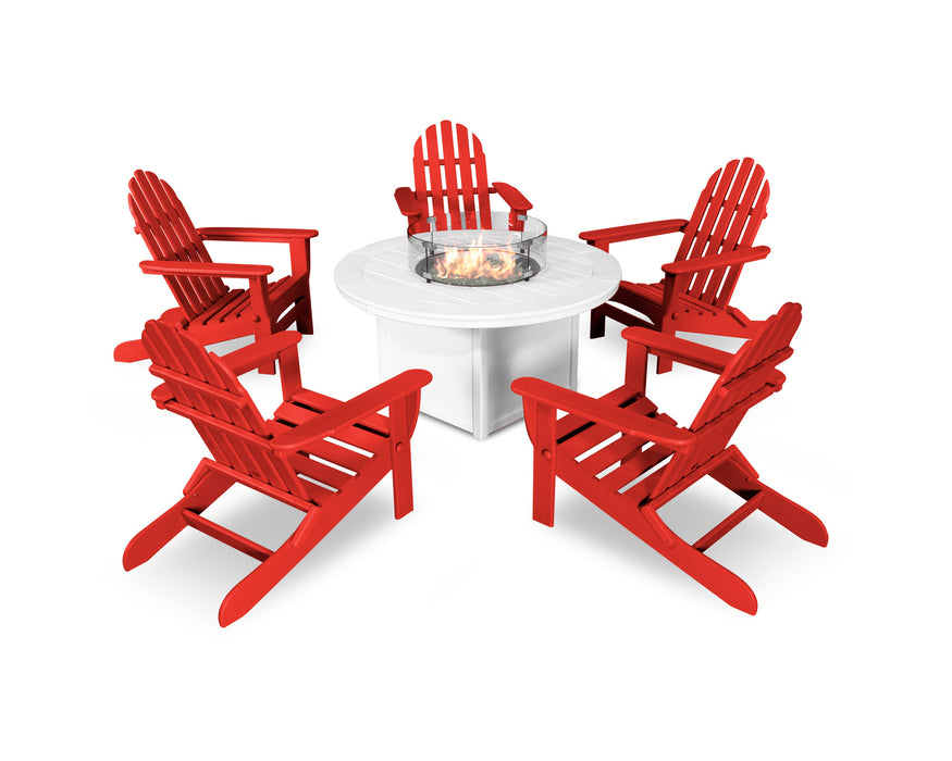 POLYWOOD Classic Folding Adirondack 6-Piece Conversation Set with Fire Pit Table in Sunset Red / White