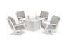 POLYWOOD Braxton 5-Piece Deep Seating Swivel Conversation Set with Fire Pit Table in Mahogany with Spiced Burlap fabric