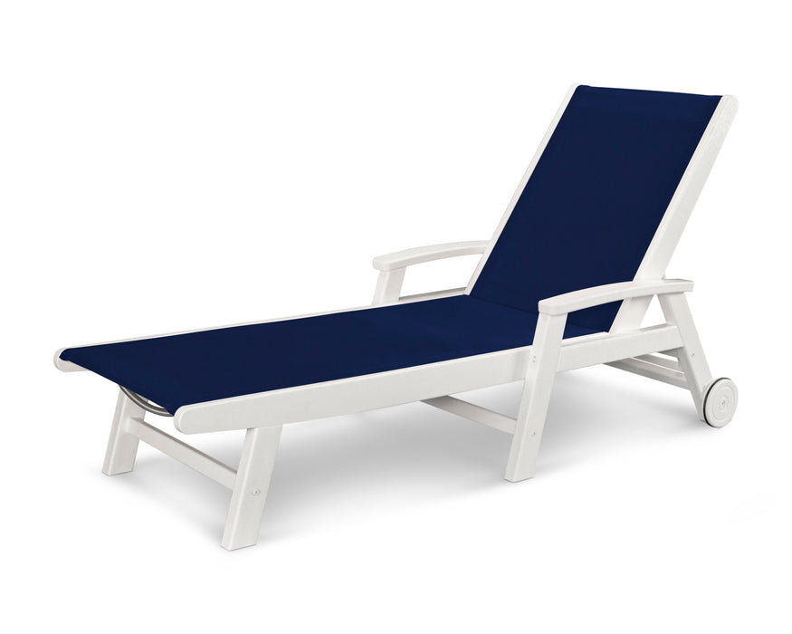 POLYWOOD Coastal Chaise with Wheels in White with Navy 2 fabric