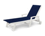 POLYWOOD Coastal Chaise with Wheels in White with Navy 2 fabric