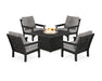POLYWOOD Vineyard 5-Piece Conversation Set with Fire Pit Table in White with Marine Indigo fabric
