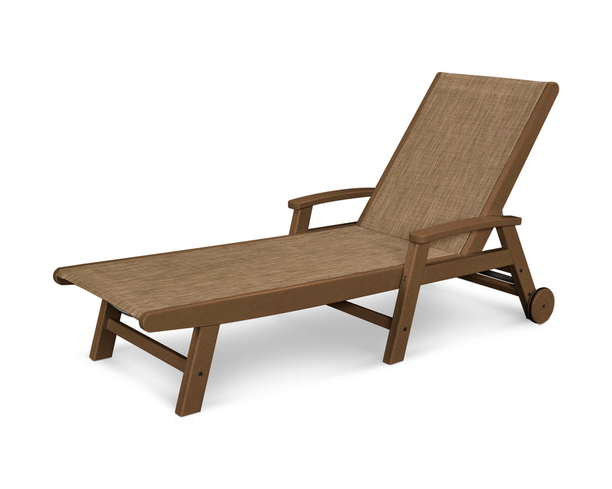 POLYWOOD Coastal Chaise with Wheels in Teak with Burlap fabric