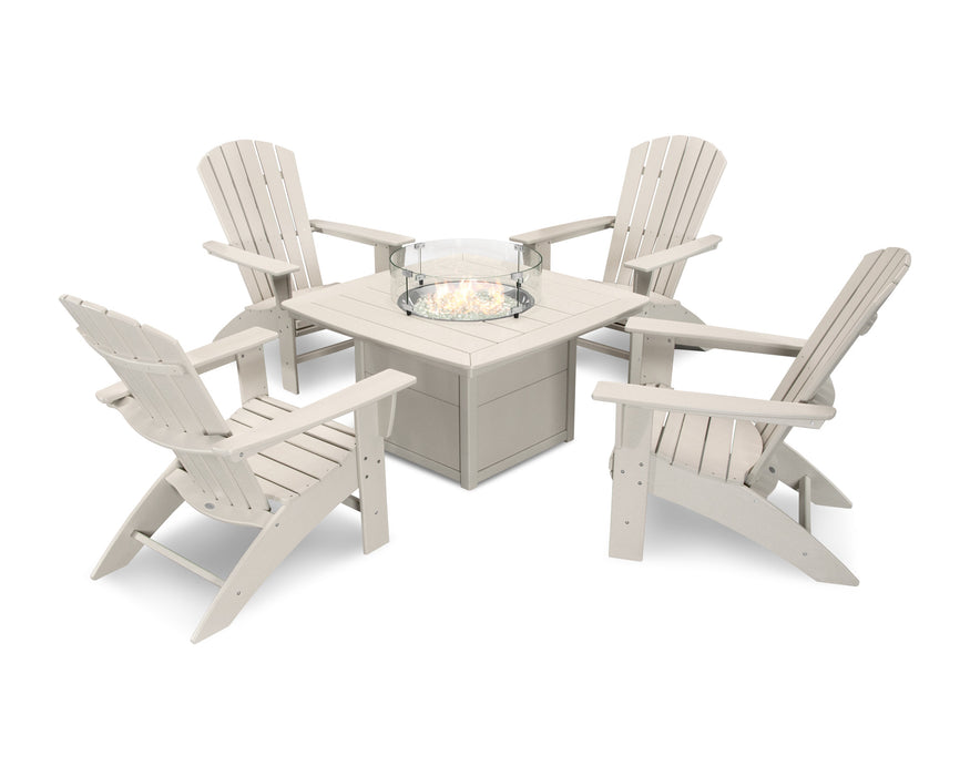 POLYWOOD Nautical Curveback Adirondack 5-Piece Conversation Set with Fire Table in Sand