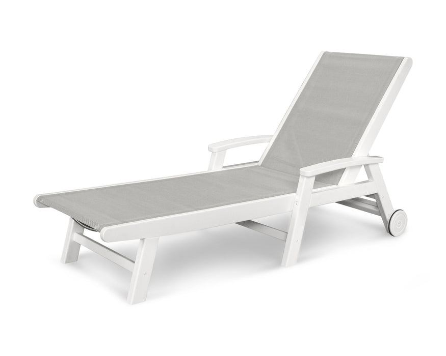 POLYWOOD Coastal Chaise with Wheels in White with Metallic fabric