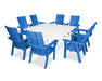 POLYWOOD Modern Curveback Adirondack 9-Piece Farmhouse Trestle Dining Set in Pacific Blue / White