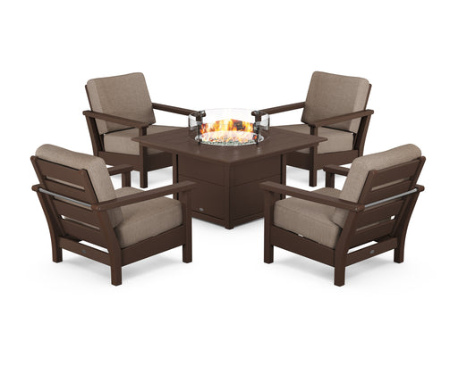 POLYWOOD Harbour 5-Piece Conversation Set with Fire Pit Table in Mahogany with Spiced Burlap fabric