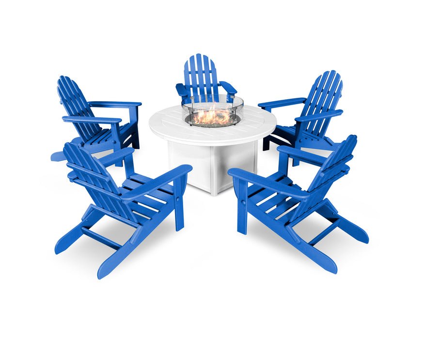 POLYWOOD Classic Folding Adirondack 6-Piece Conversation Set with Fire Pit Table in Pacific Blue / White