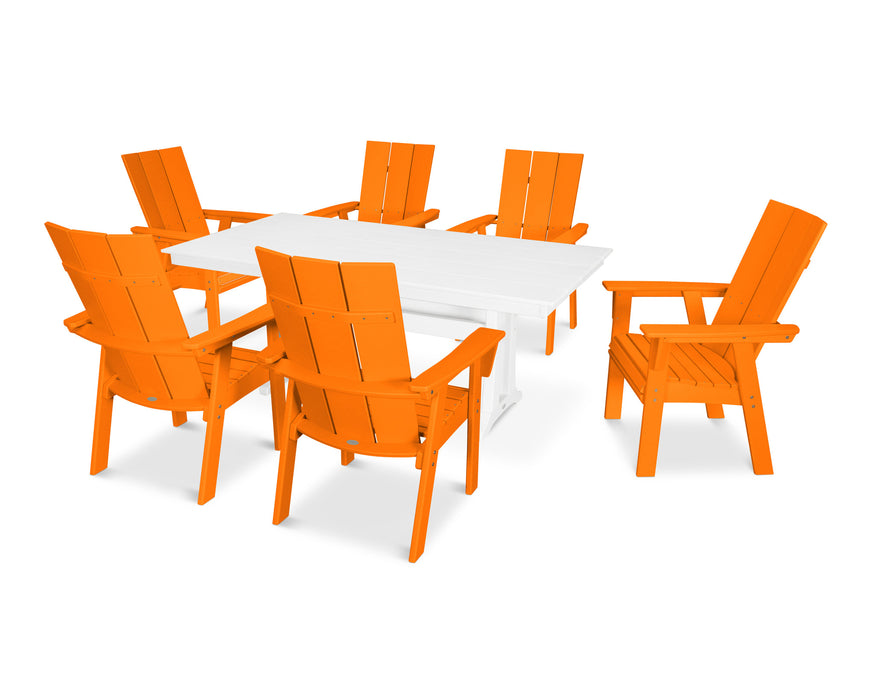 POLYWOOD Modern Curveback Adirondack 7-Piece Farmhouse Trestle Dining Set in Tangerine / White