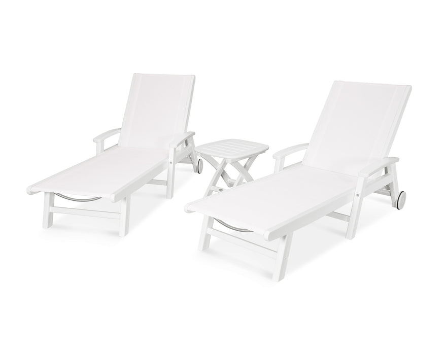 POLYWOOD Coastal 3-Piece Wheeled Chaise Set in White with White fabric