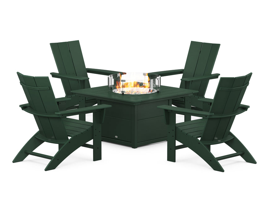 POLYWOOD Modern Curveback Adirondack 5-Piece Conversation Set with Fire Pit Table in Green
